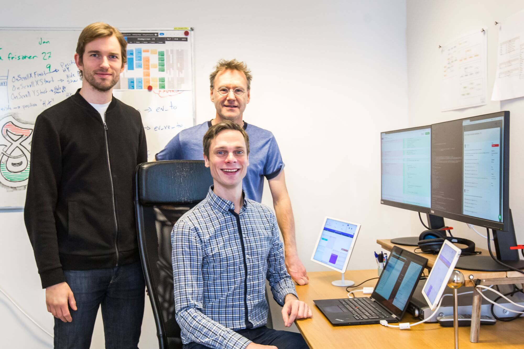 Utvecklingsgänget som bygger vidare på Wavy. Mycket testande blir det för att leverera en säker produkt. Robin Jakobsson, Fredrik Ampler, Max Thoursie. Saknas på bilden gör Johan Thallauer som också ingår i utvecklingsteamet.
